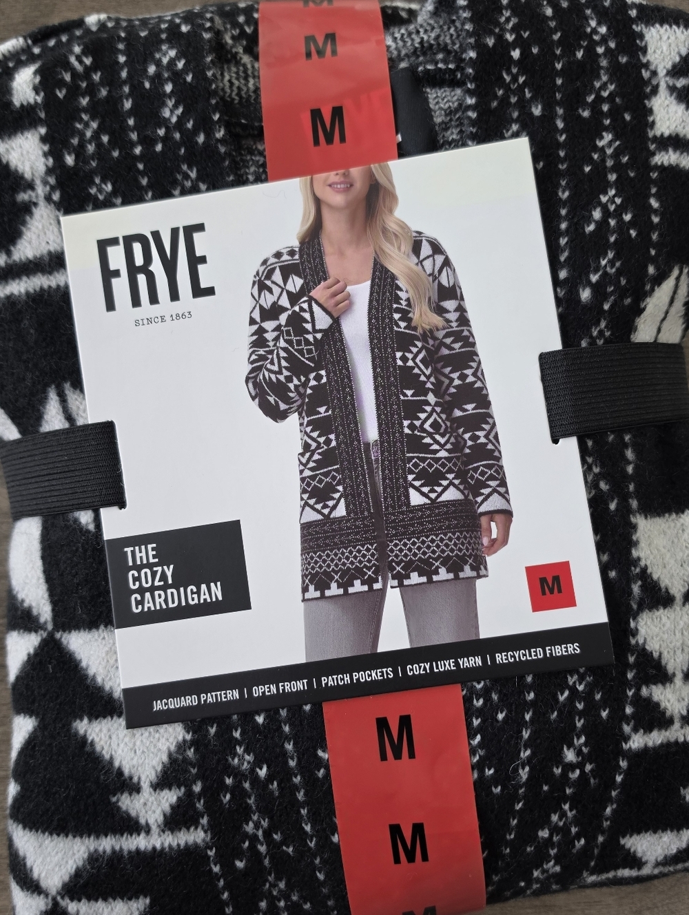 FRYE Cardigan Sweater Medium Women's Jacquard Patterned Black & White NWT - Picture 4 of 6